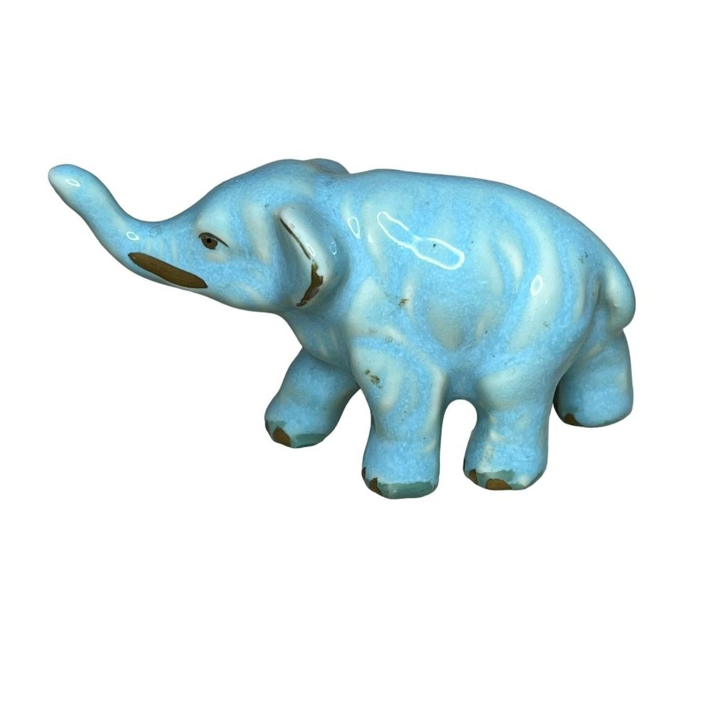 Vintage Ceramic Blue Glazed Elephant Figurine Trunk Up Gold Details